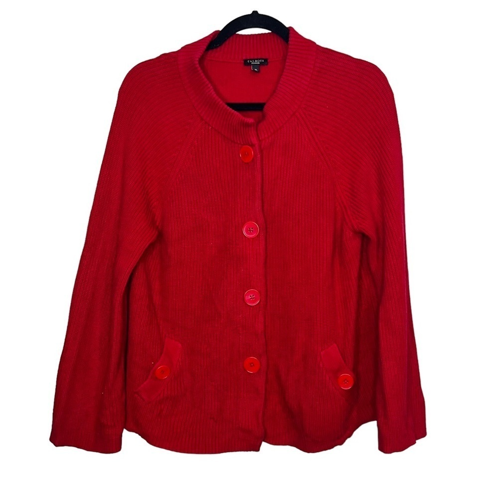 TALBOTS Womens M Button Front Cardigan Knit Sweater Jacket Red
